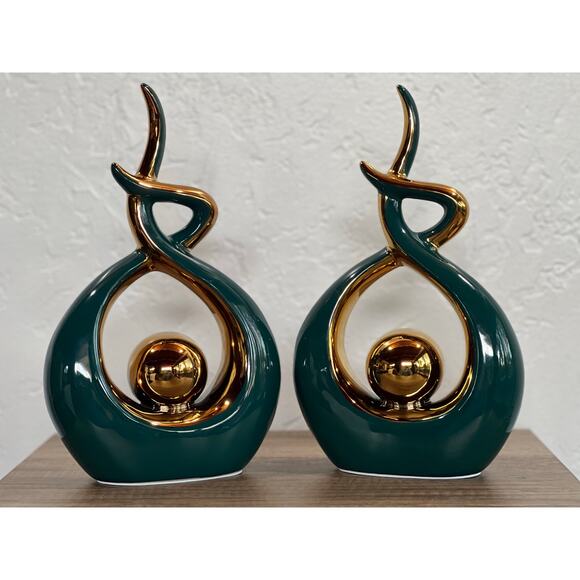Modern Abstract Green & Gold Ceramic Sculptures Pair | 11” Decor Accents - Picture 2 of 13